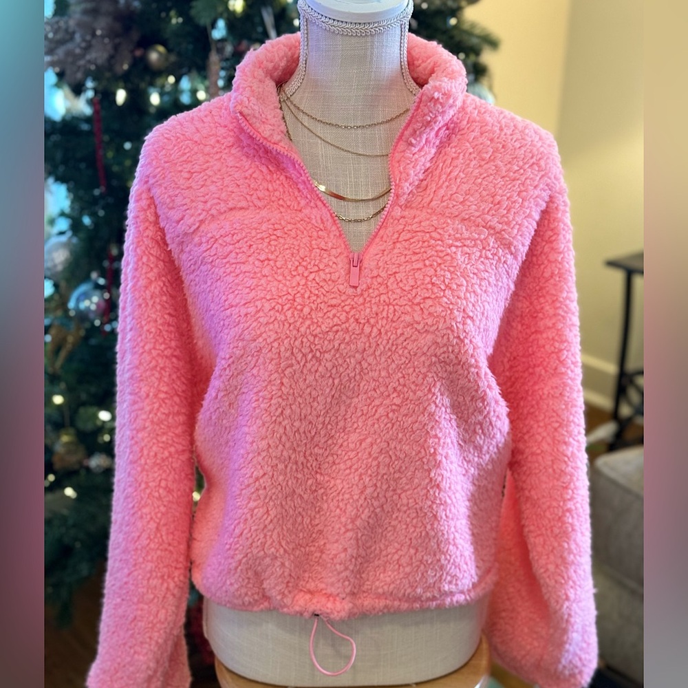 🍒BOGO50%🍒 🆕🩷ZENANA: PINK Soft Sherpa Drawstring w/Half Zipper Pullover XLARGE